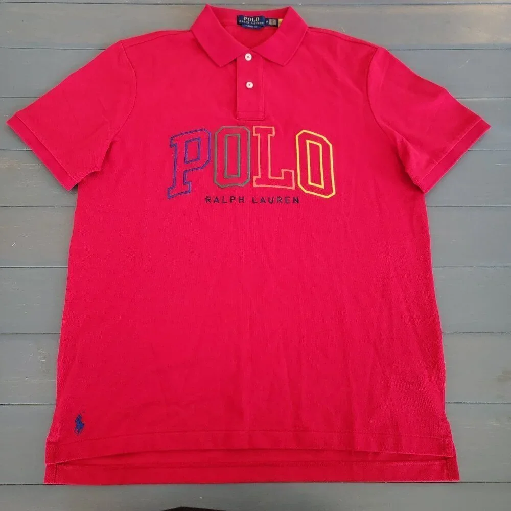 Polo Ralph Lauren Men's Red Multi Logo Classic Fit Pique Polo Shirt Size M